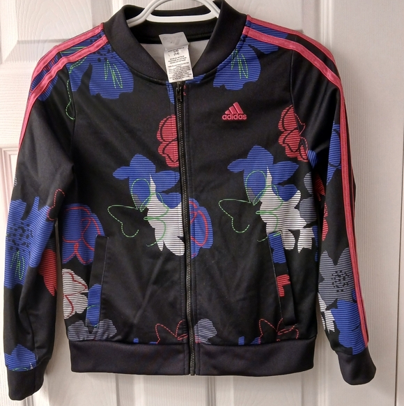Adidas Kids Black Jacket with Floral Accents - Picture 1 of 7